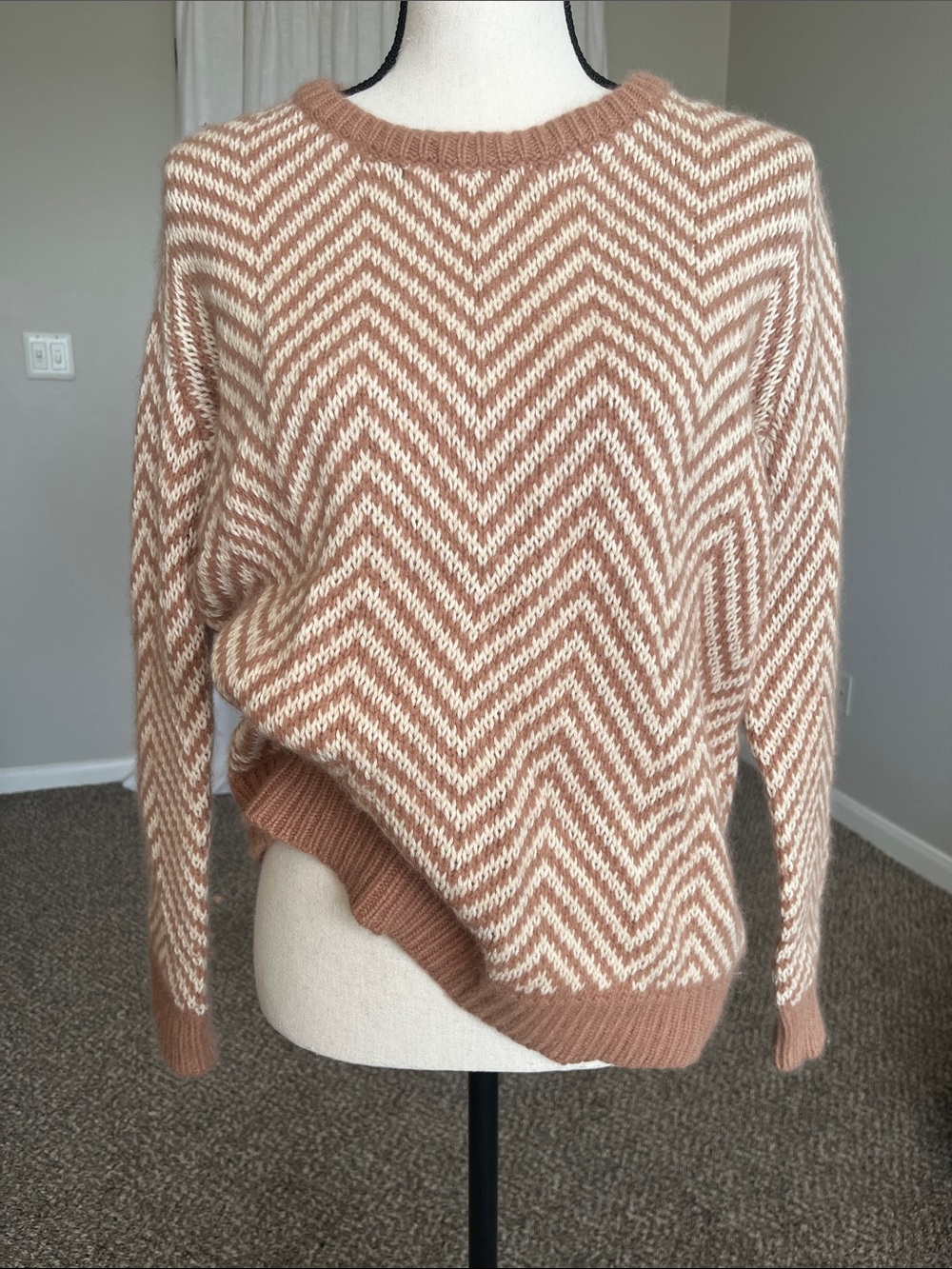 Ganni Chevron Knit Wool Angora Blend Taupe Cream Sweater Pullover Size M